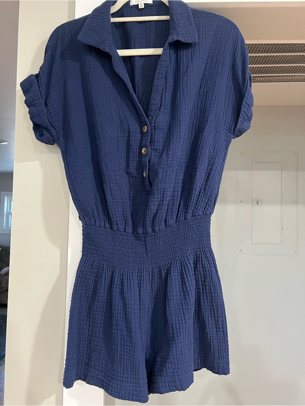 Z Supply Navy Textured Button-Front Romper